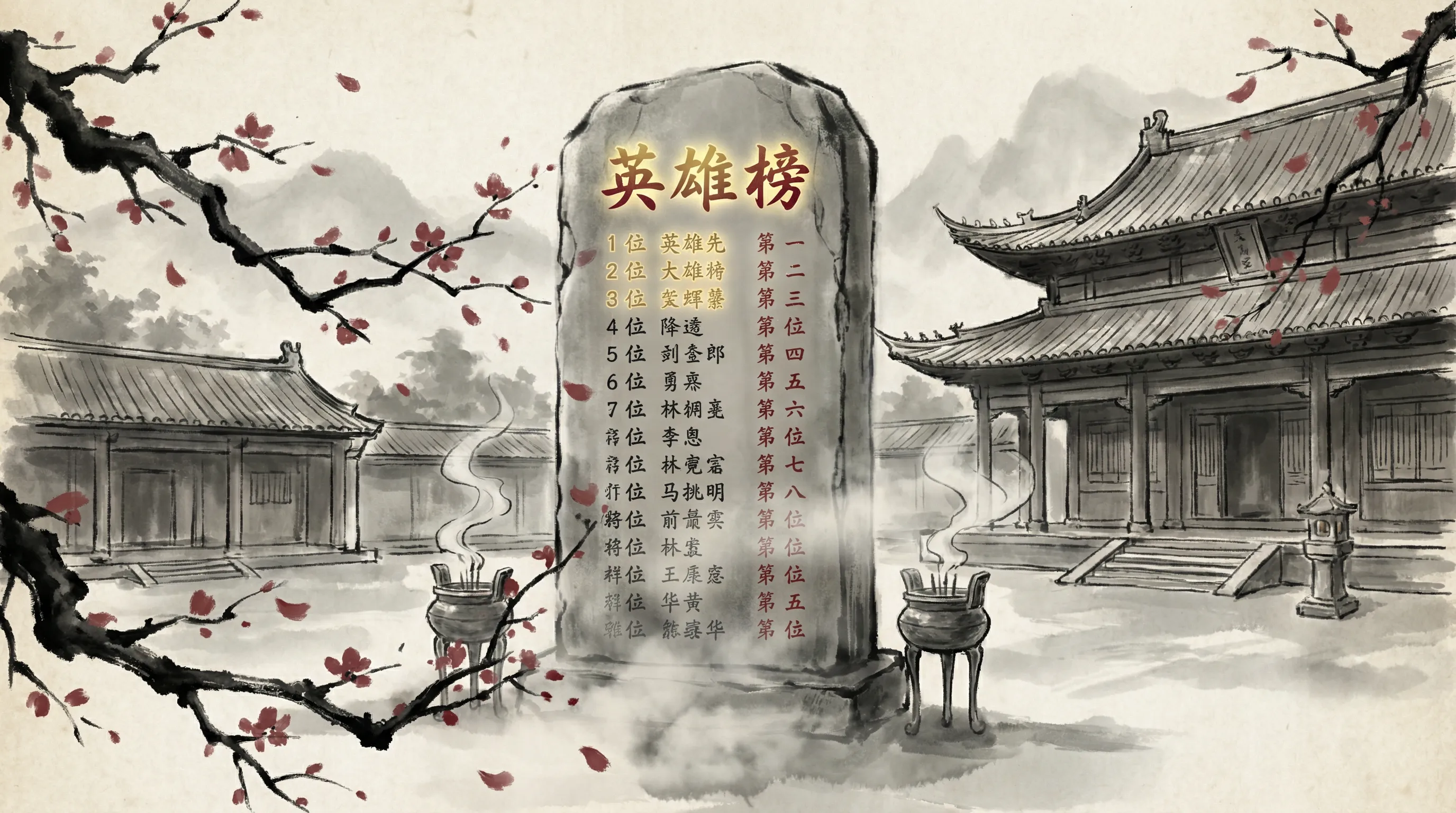 侠客岛英雄榜石碑，镌刻着本月排名前列的高手名号